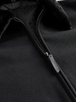 Black Wool Blend Twill Jacket with Removable Faux Fur Collar