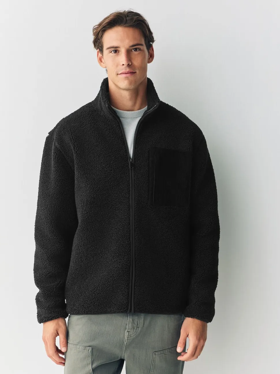 Black Zip Through Funnel Borg Fleece