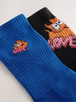 Black/Blue Wotto License Pattern Sports Socks 2 Pack