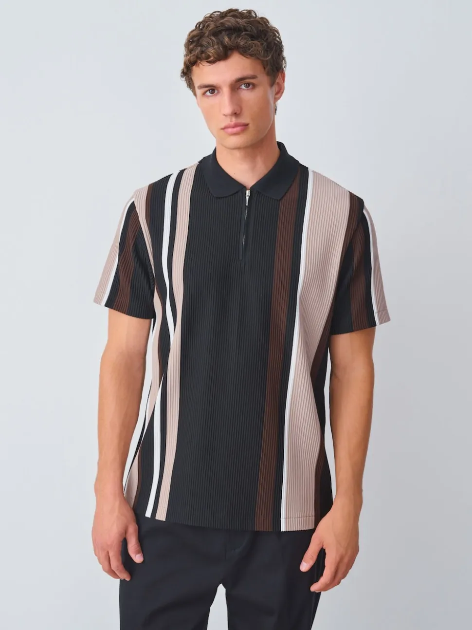 Black/Brown Vertical Stripe Quarter Zip Polo Shirt