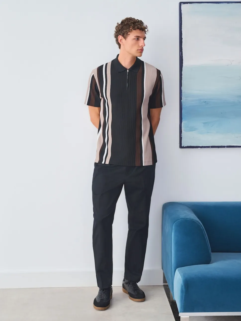 Black/Brown Vertical Stripe Quarter Zip Polo Shirt