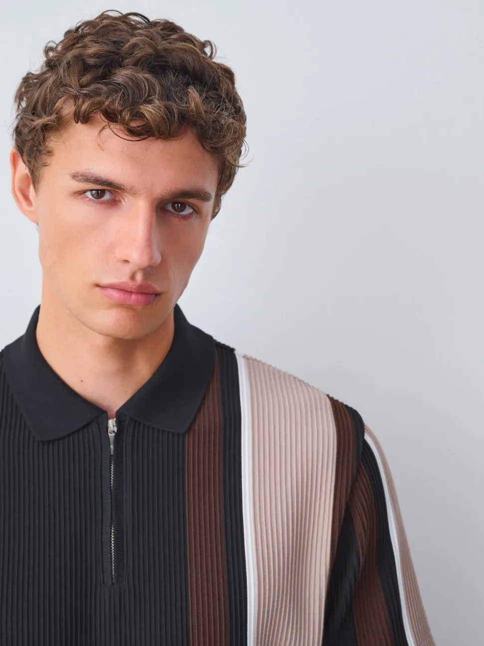 Black/Brown Vertical Stripe Quarter Zip Polo Shirt