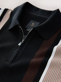 Black/Brown Vertical Stripe Quarter Zip Polo Shirt