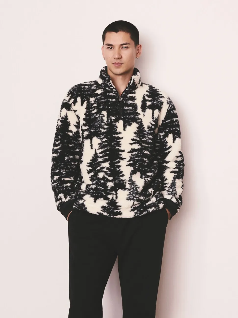 Black/Cream Tree Print Matching Family Zip Neck Borg Fleece