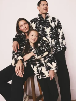 Black/Cream Tree Print Matching Family Zip Neck Borg Fleece