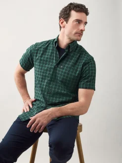 Black/Green Mini Check Easy Iron Button Down Short Sleeve Oxford Shirt