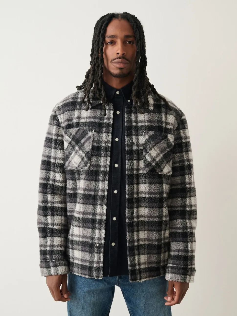 Black/Grey Black/White Check Printed Fleece Popper Shacket