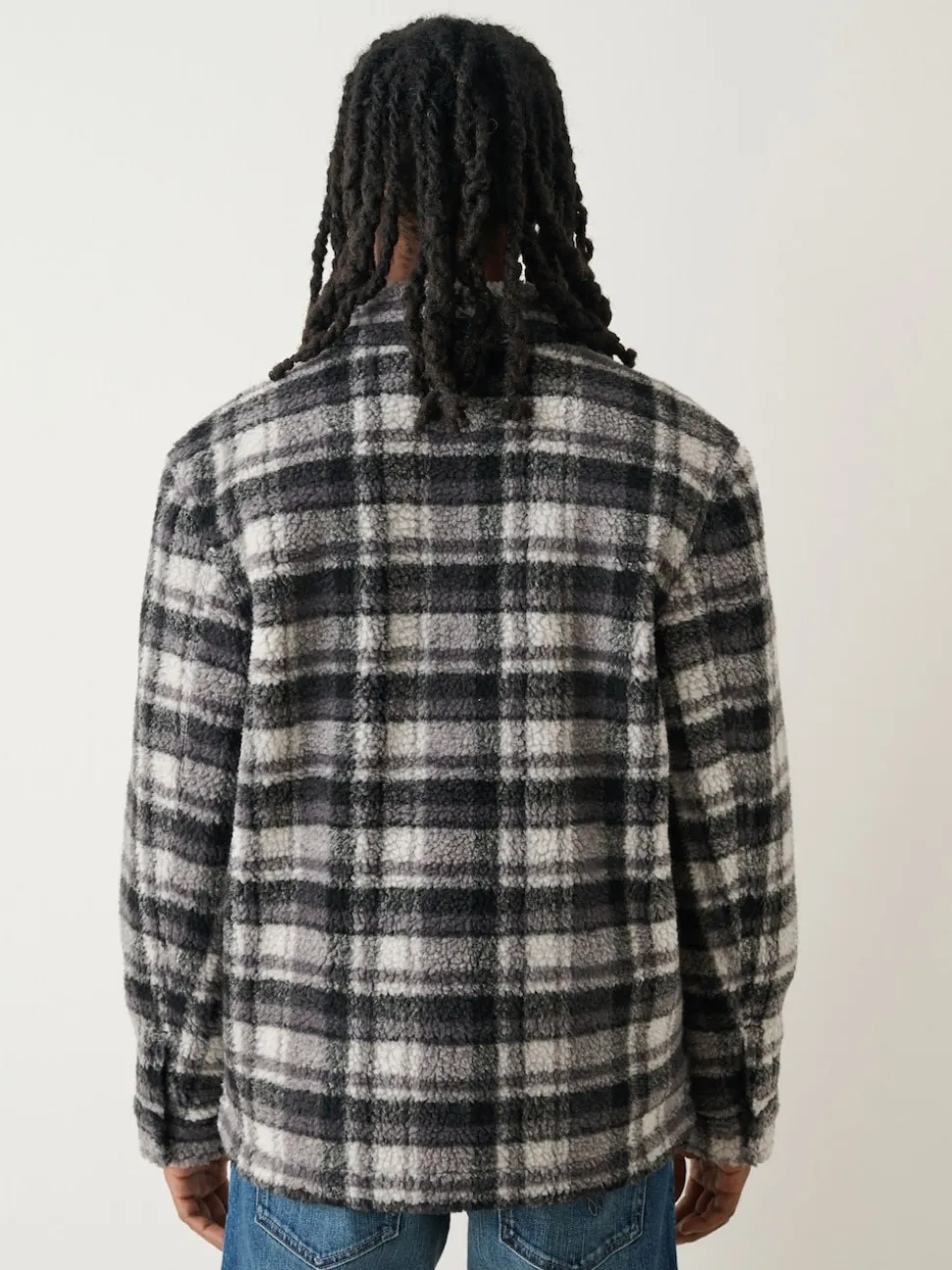 Black/Grey Black/White Check Printed Fleece Popper Shacket