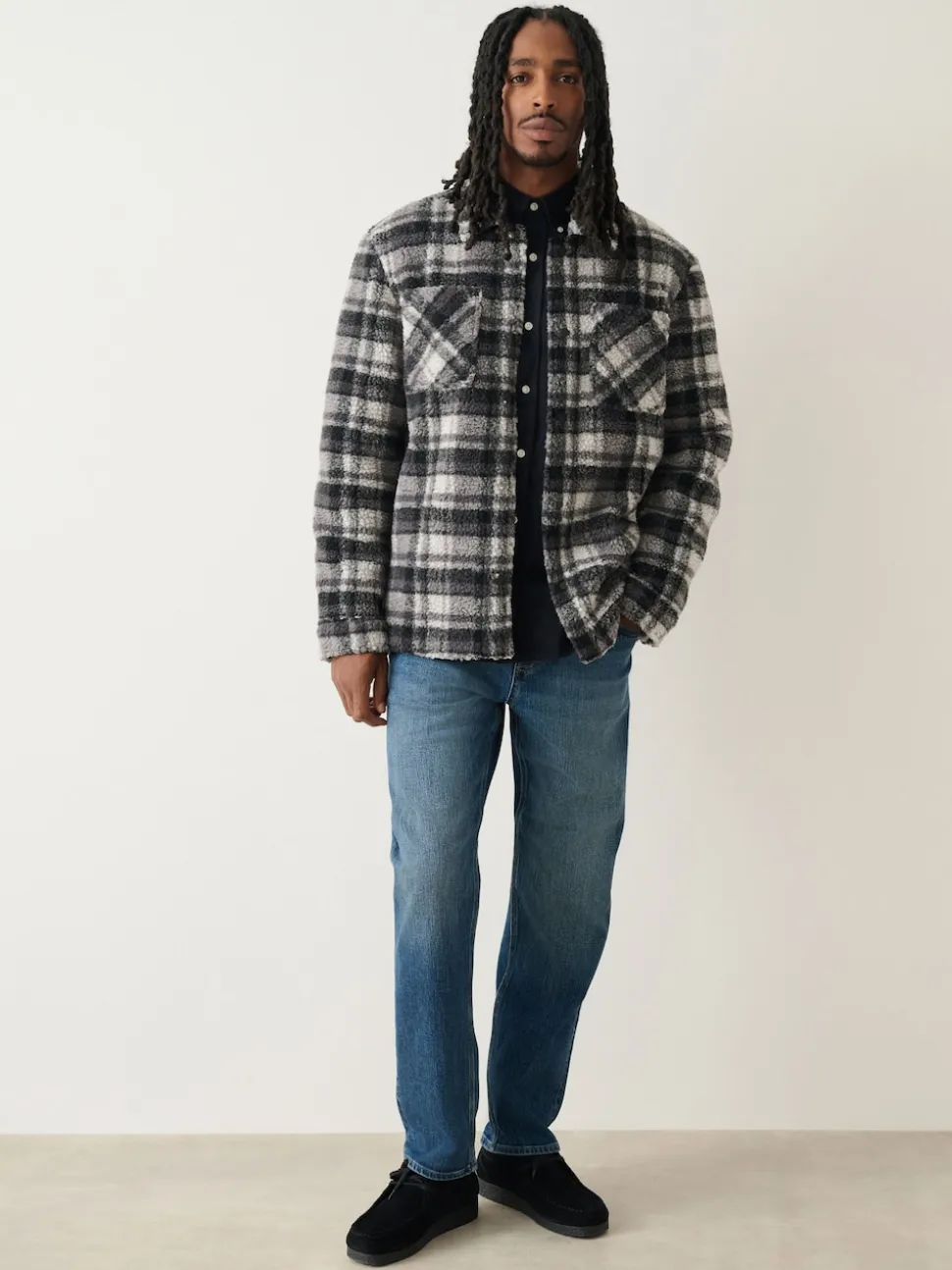 Black/Grey Black/White Check Printed Fleece Popper Shacket
