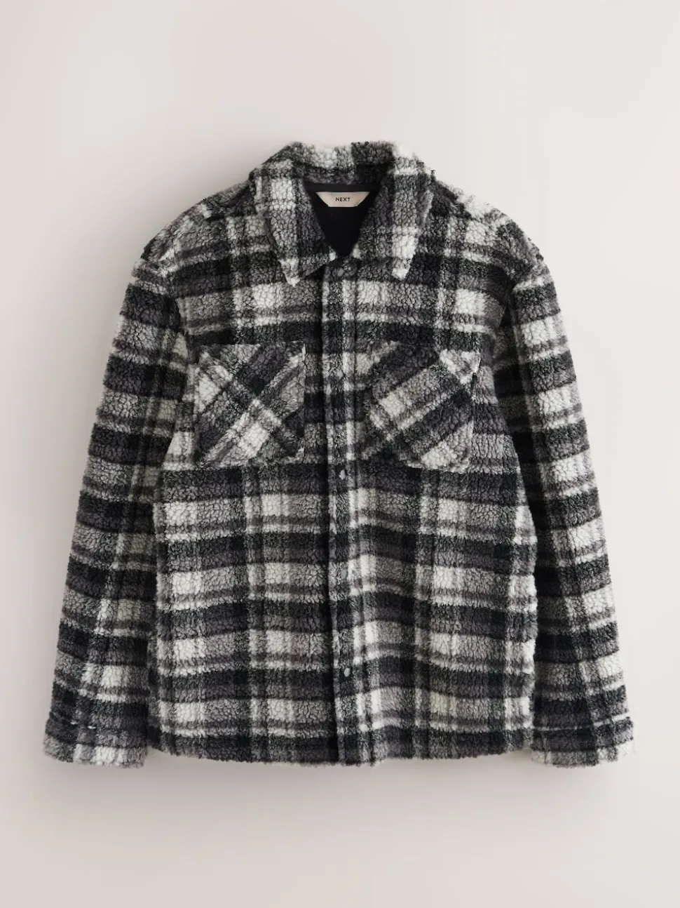 Black/Grey Black/White Check Printed Fleece Popper Shacket