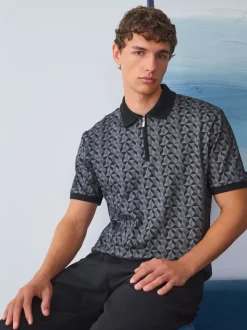 Black/Grey Geo Pattern Quarter Zip Polo Shirt