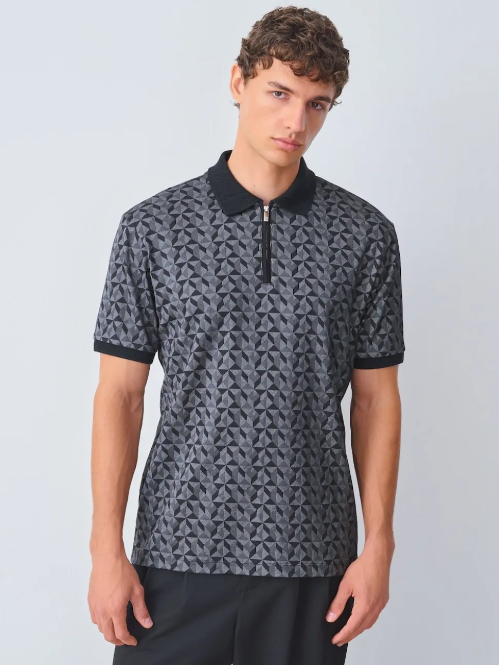 Black/Grey Geo Pattern Quarter Zip Polo Shirt
