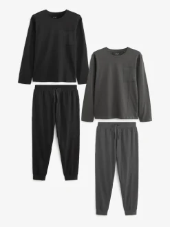 Black/Grey Long Sleeve Cuffed 100% Cotton Pyjamas 2 Pack