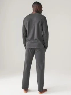 Black/Grey Long Sleeve Cuffed 100% Cotton Pyjamas 2 Pack