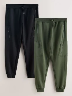 Black/Khaki Green Slim Fit Utility Brushback Heavyweight 2 Pack Cargo Joggers