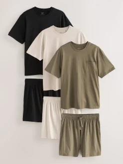 Black/Khaki Green/Ecru Jersey Pyjamas Shorts Set 3 Pack