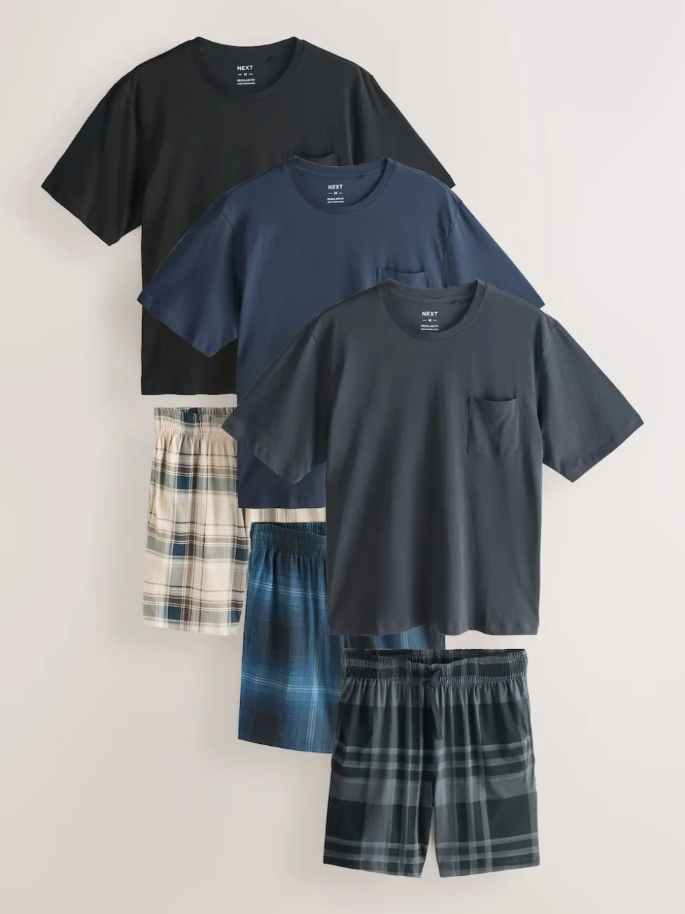 Black/Navy Blue Jersey Check Short Sleeve Pyjamas Set 3 Pack