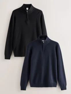 Black/Navy Blue N.Premium 100% Cotton Regular Fit Premium Quarter Zip Jumpers 2 Pack