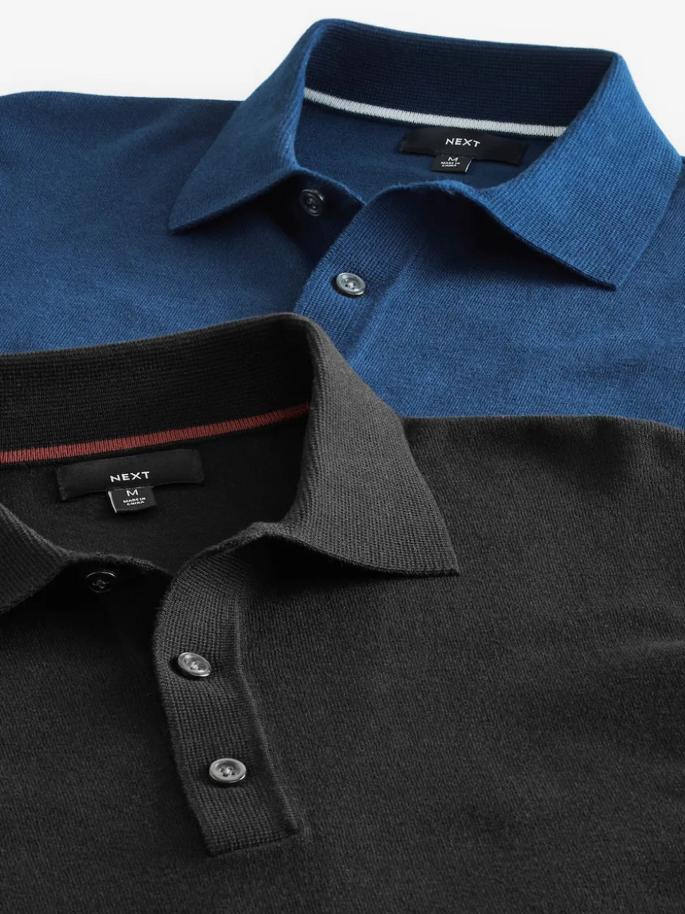 Black/Navy Blue Regular Fit Knitted Long Sleeve Polo Shirts 2 Pack