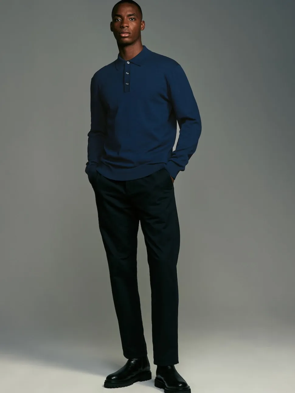 Black/Navy Blue Regular Fit Knitted Long Sleeve Polo Shirts 2 Pack