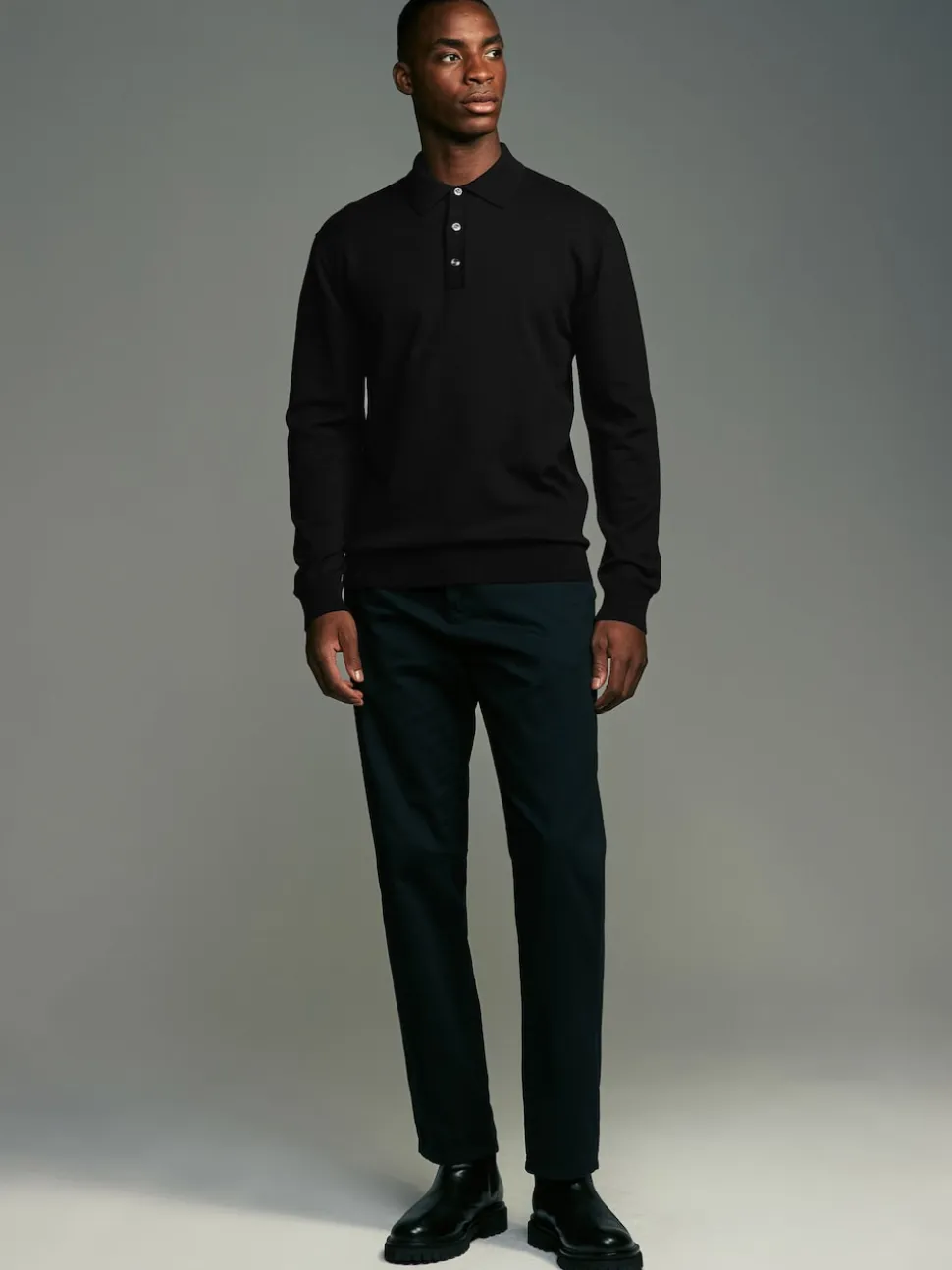 Black/Navy Blue Regular Fit Knitted Long Sleeve Polo Shirts 2 Pack