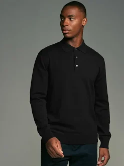 Black/Navy Blue Regular Fit Knitted Long Sleeve Polo Shirts 2 Pack