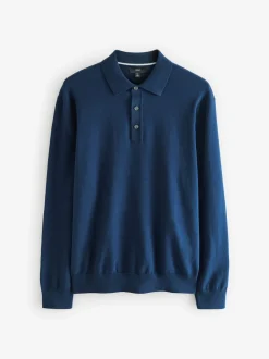 Black/Navy Blue Regular Fit Knitted Long Sleeve Polo Shirts 2 Pack