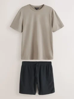 Black/Neutral Brown Short Sleeve T-Shirt With Cheesecloth Texture Shorts