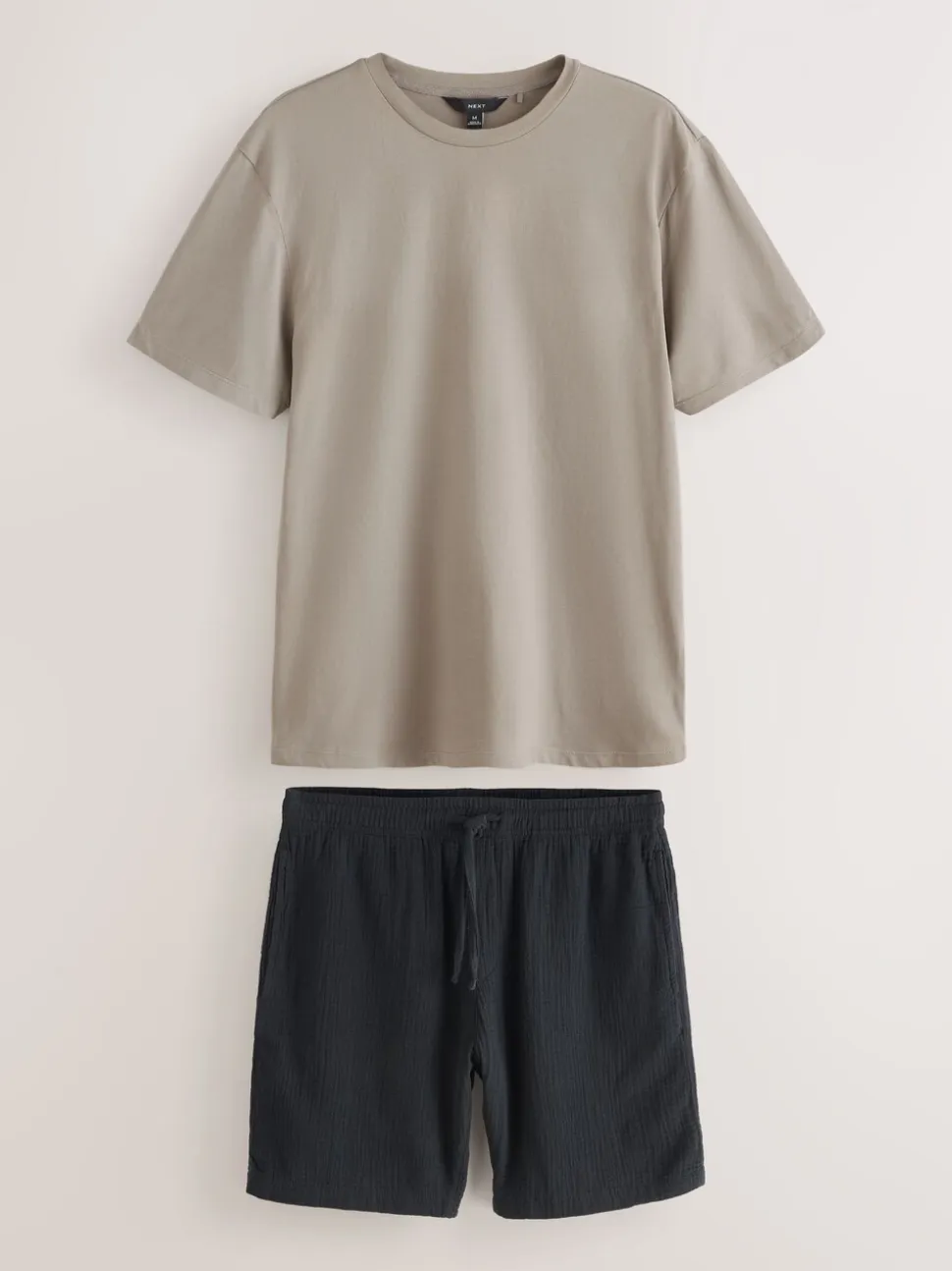 Black/Neutral Brown Short Sleeve T-Shirt With Cheesecloth Texture Shorts
