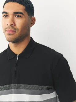 Black/White 100% Cotton Short Sleeve Zip Neck Block Polo Shirt