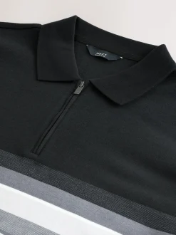 Black/White 100% Cotton Short Sleeve Zip Neck Block Polo Shirt