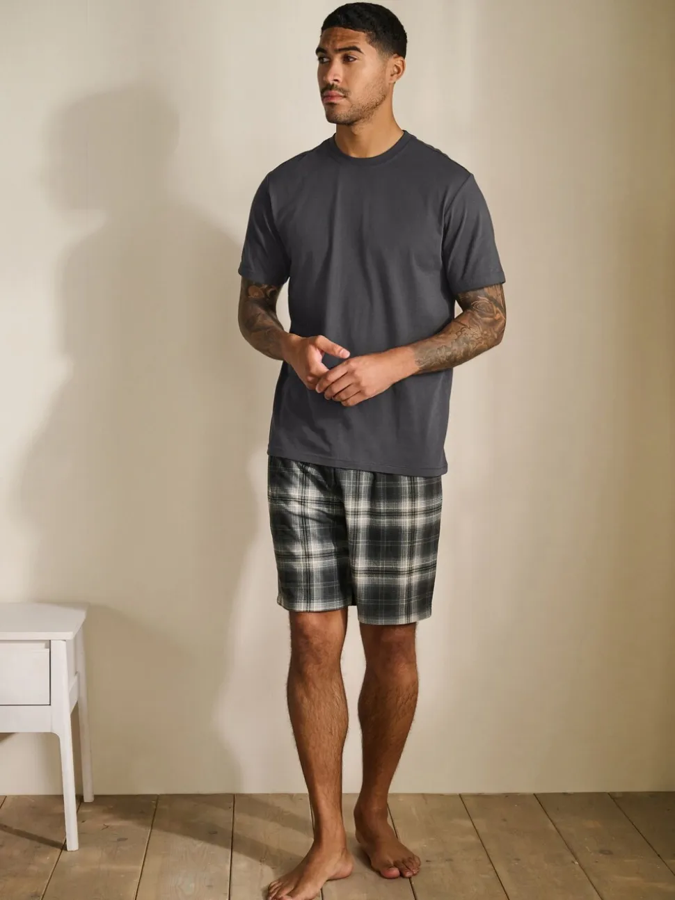 Black/White Monochrome Check Motionflex Cosy Shorts Pyjamas Set