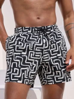 Black/White Printed Seersucker Swim Shorts