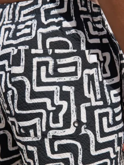 Black/White Printed Seersucker Swim Shorts