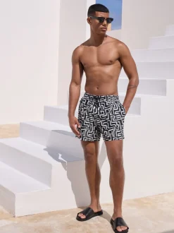 Black/White Printed Seersucker Swim Shorts