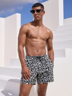 Black/White Printed Seersucker Swim Shorts