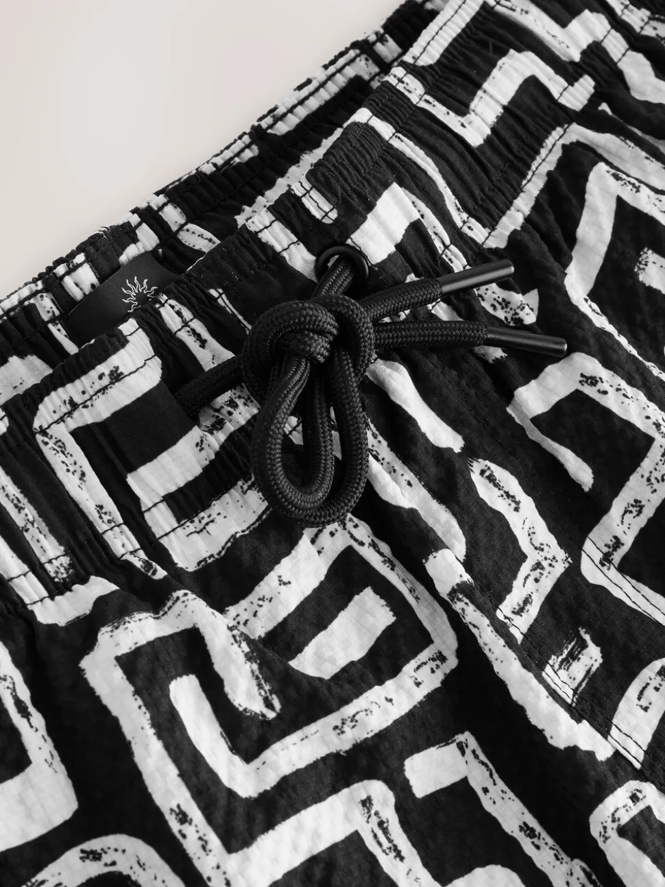 Black/White Printed Seersucker Swim Shorts