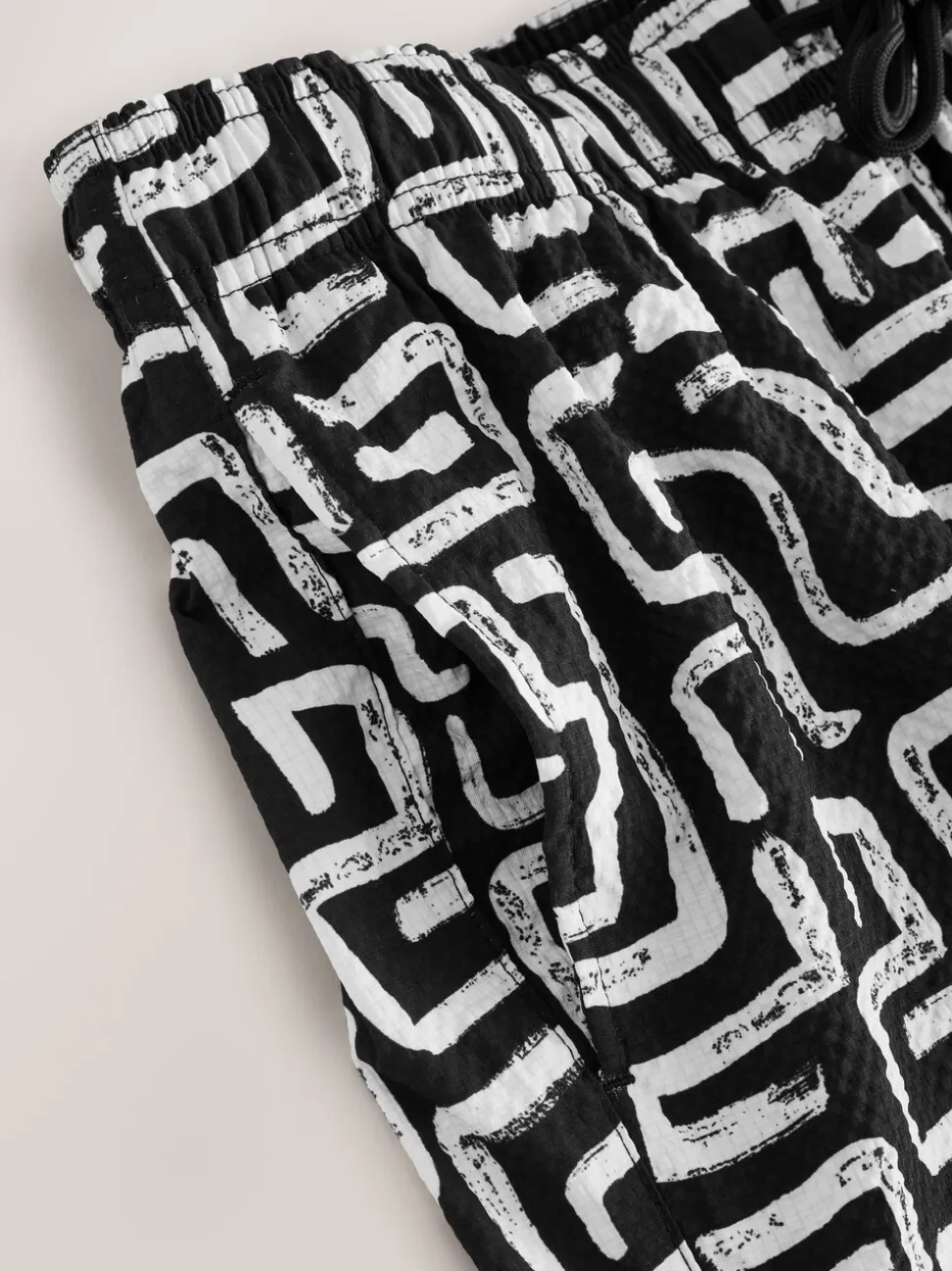 Black/White Printed Seersucker Swim Shorts