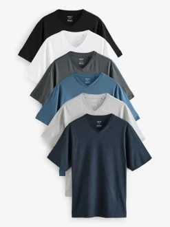 Black/White/Blue/Grey Essential V-Neck 100% Cotton T-Shirts 6 Pack