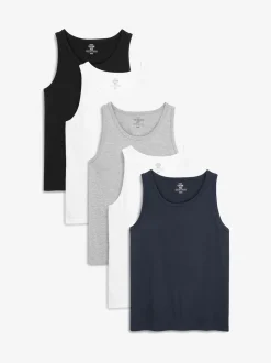 Black/White/Grey Marl/Navy Blue 100% Cotton Layering Vests 5 Pack