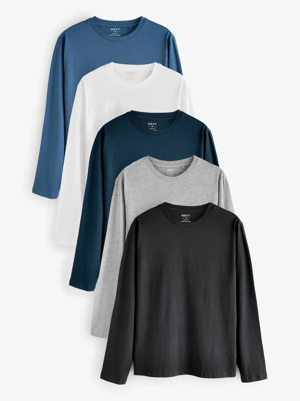 Black/White/Grey/Blue Slim Fit Regular Fit Long Sleeve 100% Cotton T-Shirts 5 Pack