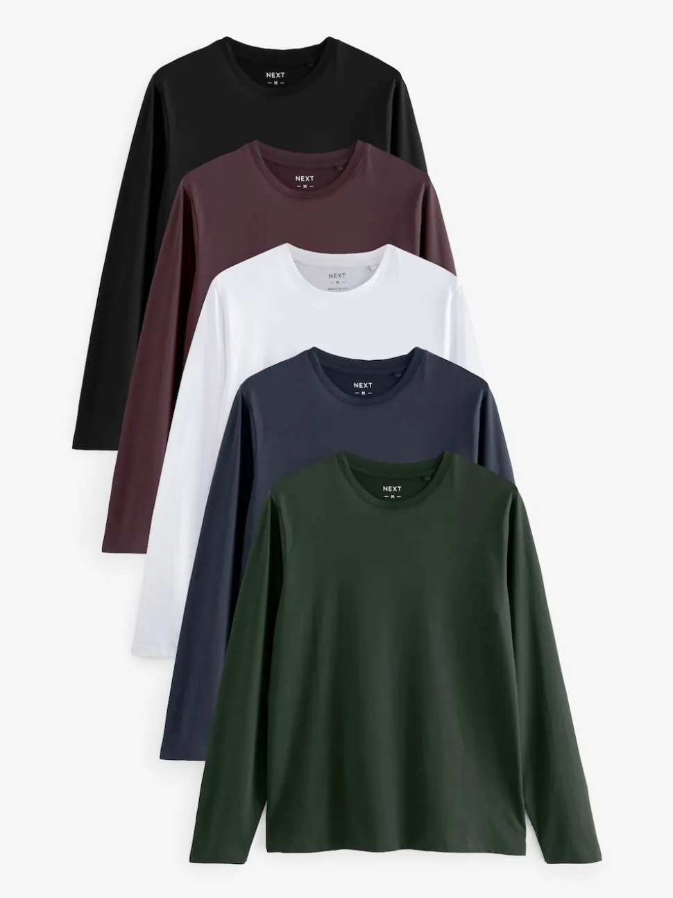 Black/White/Navy Blue/Green/Burgundy Red Regular Fit Regular Fit Long Sleeve 100% Cotton T-Shirts 5 Pack