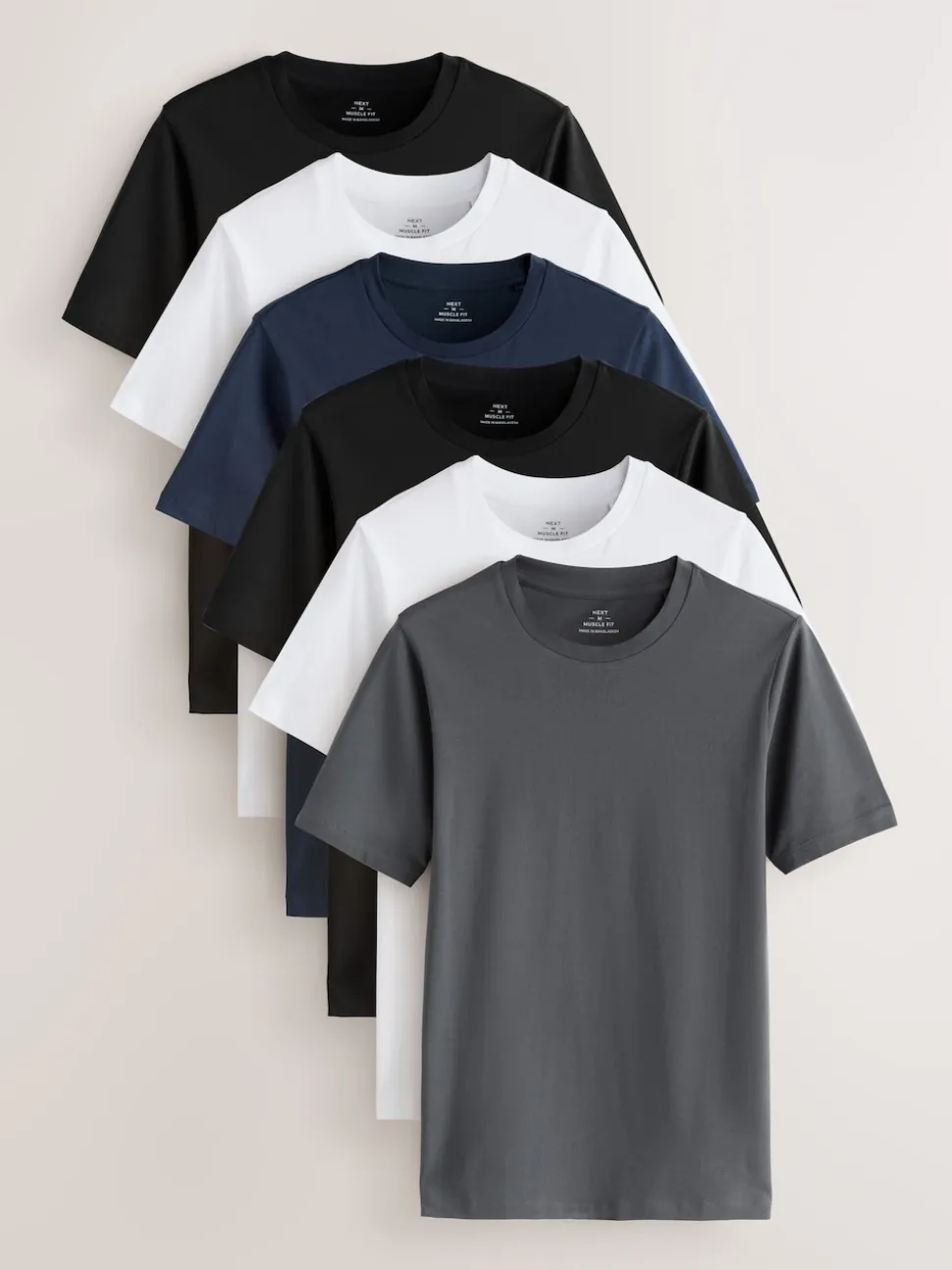 Black/White/Navy/Grey Muscle Fit Essential Cotton T-Shirts 6 Pack