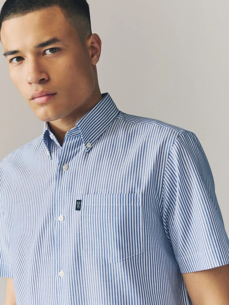Blue Bengal Short Sleeve With Button Down Collar Stripe Easy Iron Oxford Shirt