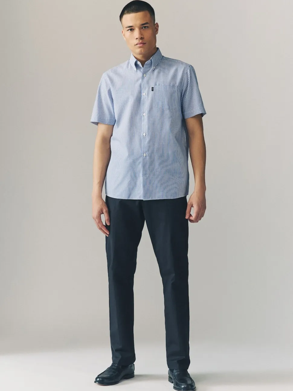 Blue Bengal Short Sleeve With Button Down Collar Stripe Easy Iron Oxford Shirt