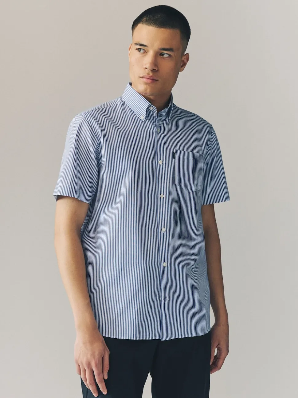 Blue Bengal Short Sleeve With Button Down Collar Stripe Easy Iron Oxford Shirt