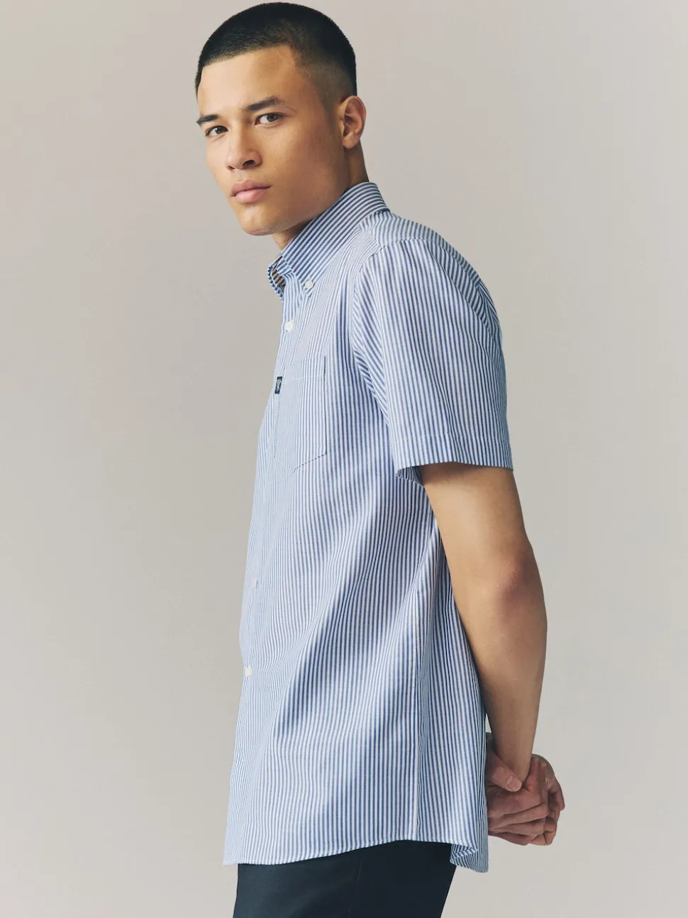 Blue Bengal Short Sleeve With Button Down Collar Stripe Easy Iron Oxford Shirt