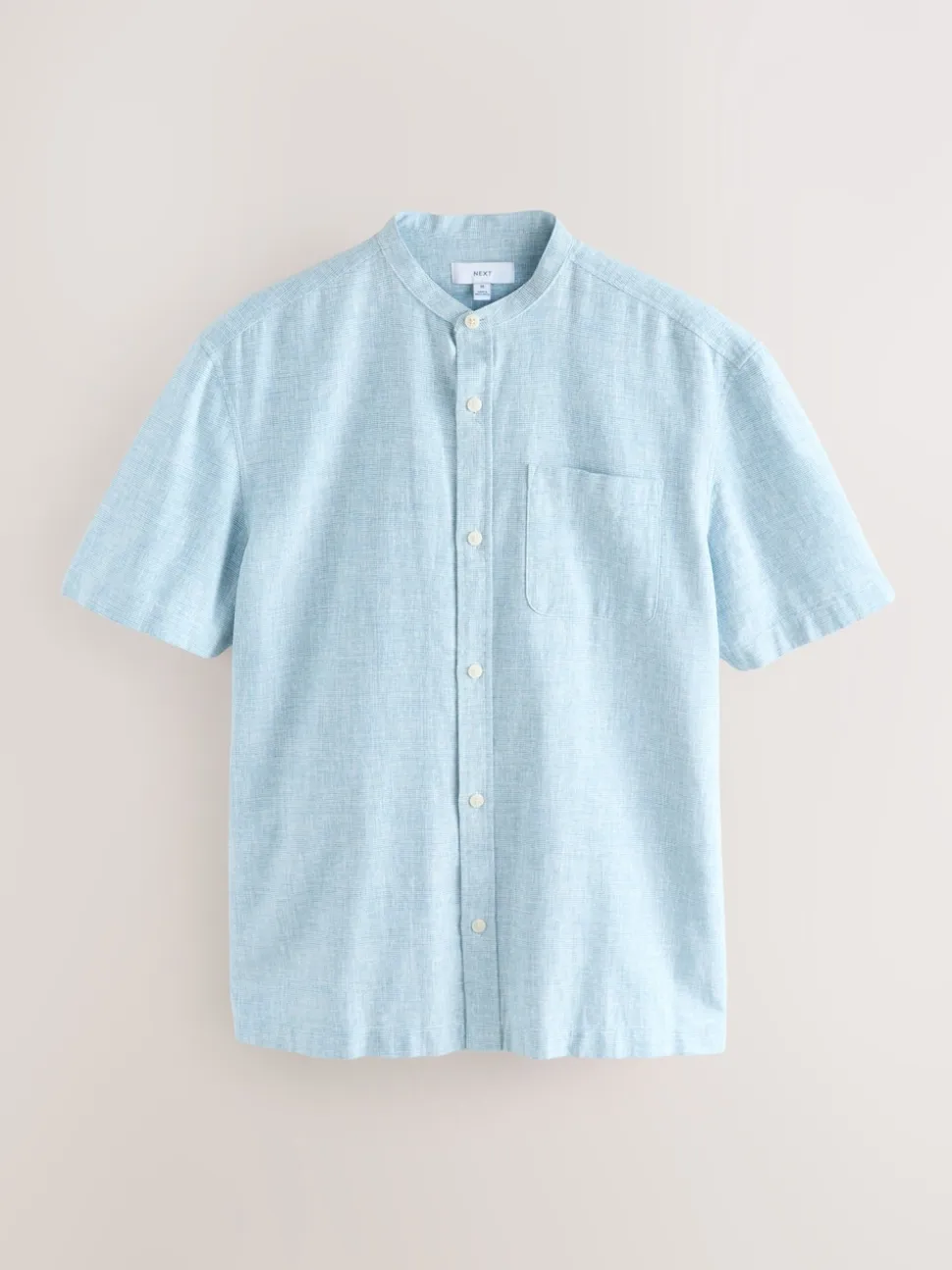 Blue Grandad Collar Cotton Linen Blend Short Sleeve Shirt