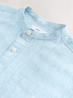 Blue Grandad Collar Cotton Linen Blend Short Sleeve Shirt