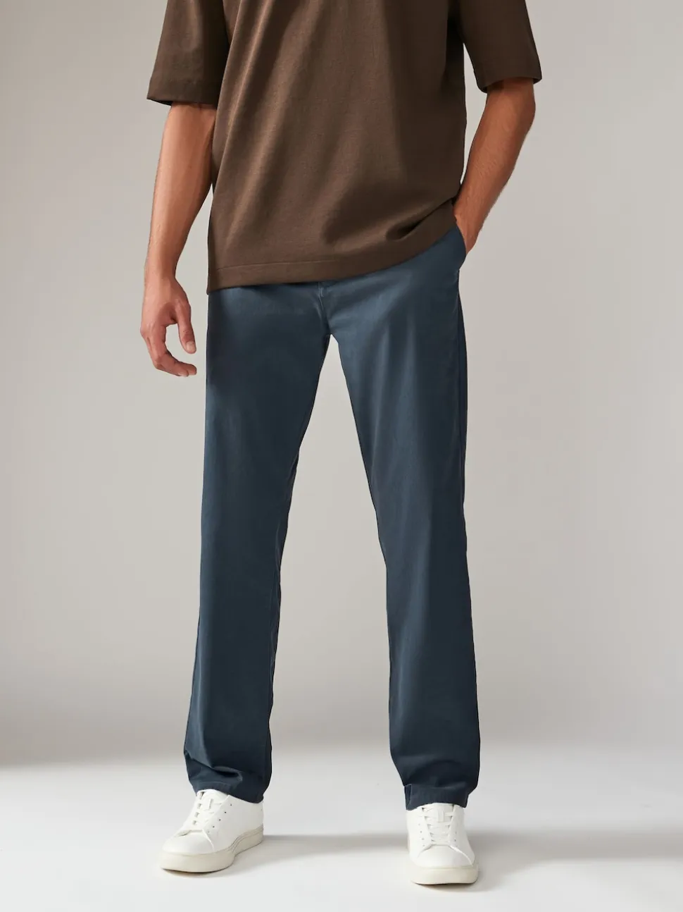 Blue Grey Mid Straight Fit Stretch Chinos Trousers